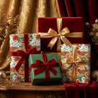 Luxury Christmas gift wrap with red velvet and gold ribbons on elegant holiday boxes by Wrapped Studios.
