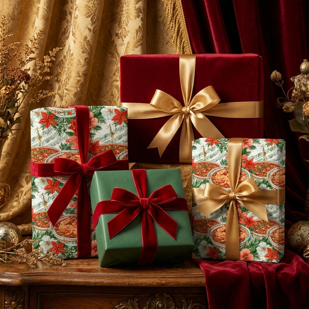 Luxury Christmas gift wrap with red velvet and gold ribbons on elegant holiday boxes by Wrapped Studios.