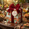 Luxury seafood themed wrapping paper with a red velvet bow by Wrapped Studios.