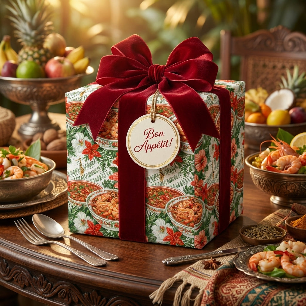 Luxury seafood themed wrapping paper with a red velvet bow by Wrapped Studios.