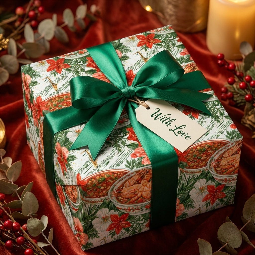 Luxury Christmas gift wrap with floral design, green satin ribbon, and tag by Wrapped Studios.