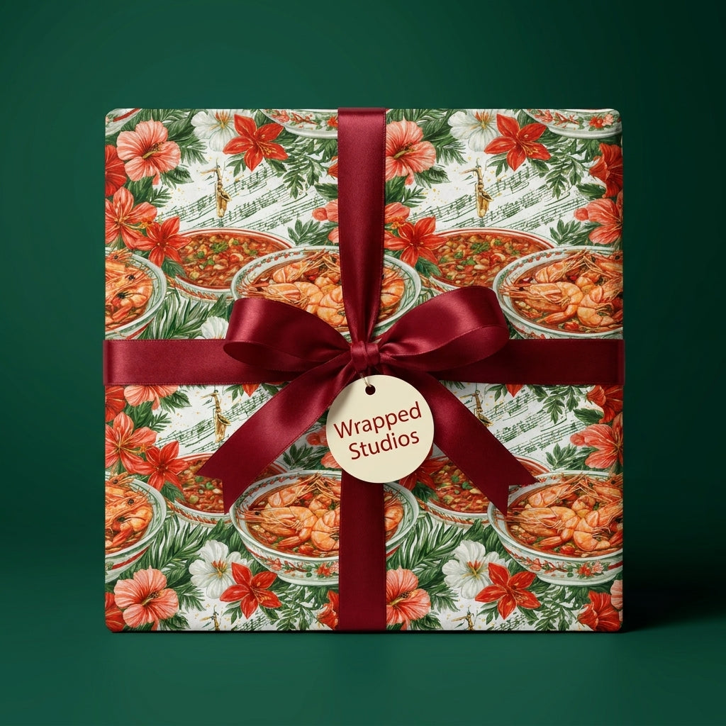 Cajun gumbo and floral wrapping paper with a red satin bow by Wrapped Studios.