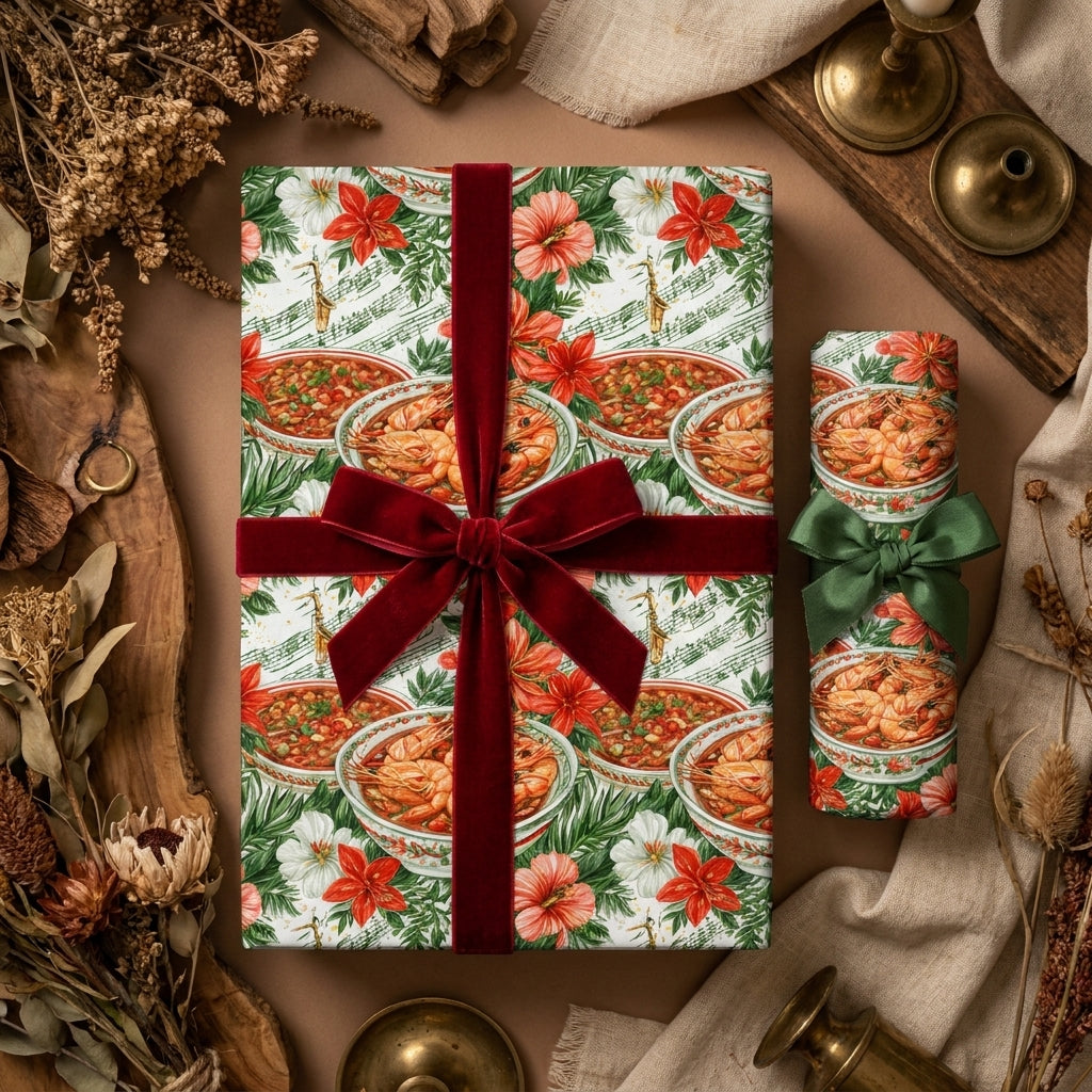 Luxury Christmas wrapping paper with seafood and floral print, red velvet bow by Wrapped Studios.