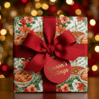 Foodie Christmas gift wrap with a gumbo pattern, red bow, and gift tag by Wrapped Studios.