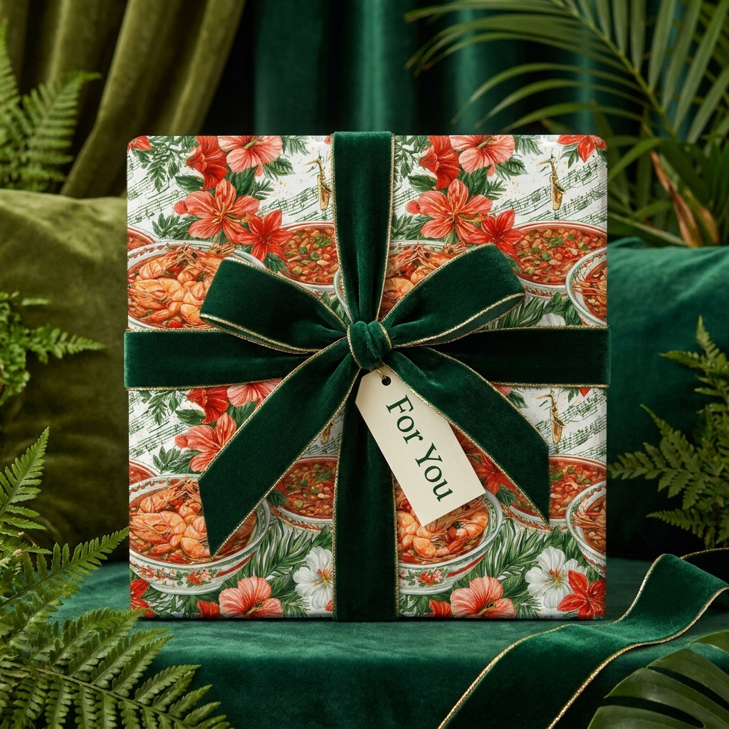 Unique floral and seafood luxury gift wrap with a green velvet bow by Wrapped Studios.