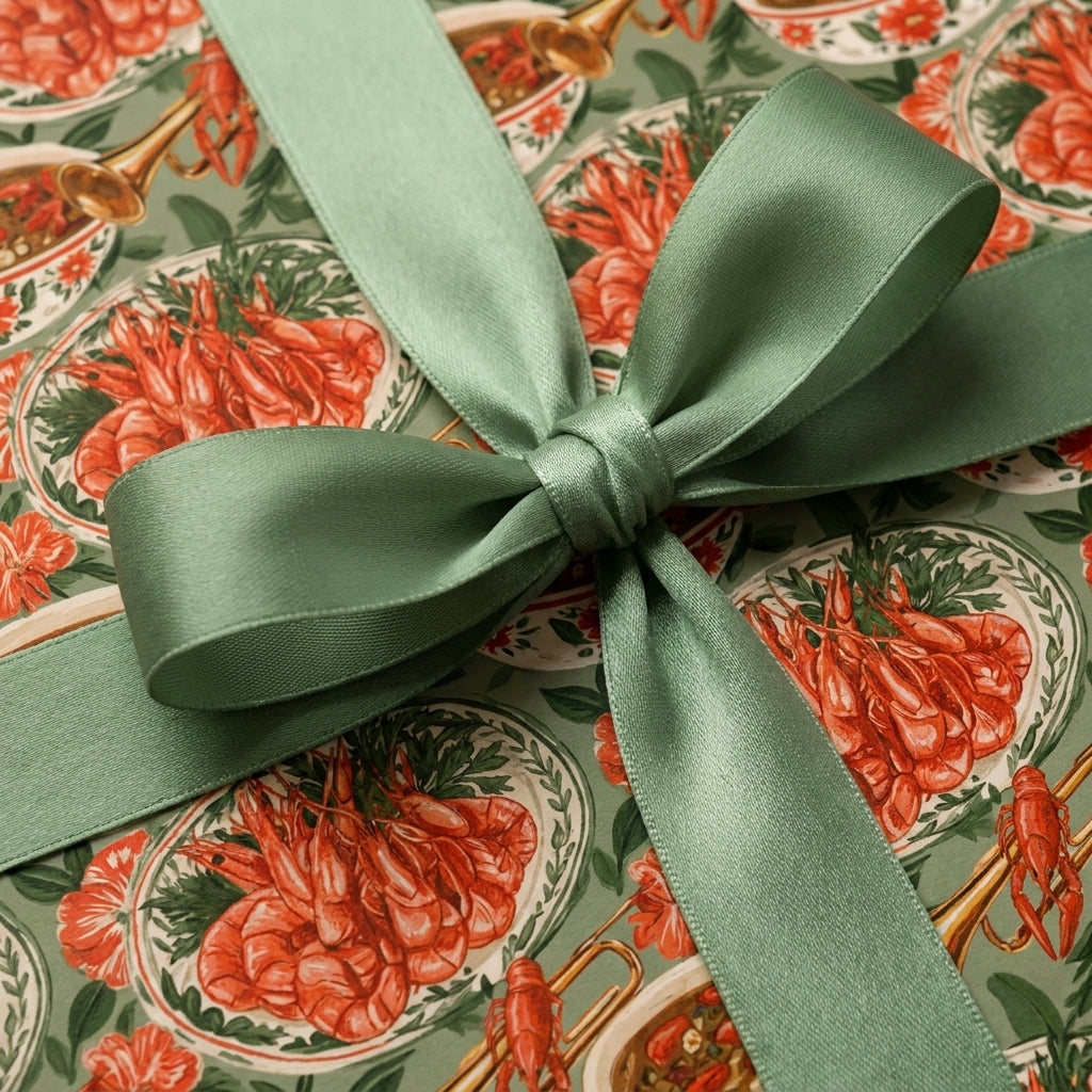 Cajun crawfish boil wrapping paper with a sage green satin bow, luxury gift wrap by Wrapped Studios.