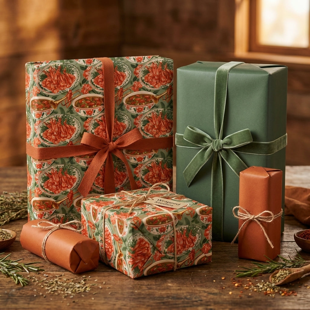 Crawfish boil wrapping paper and sage green luxury gift wrap on a rustic table by Wrapped Studios.
