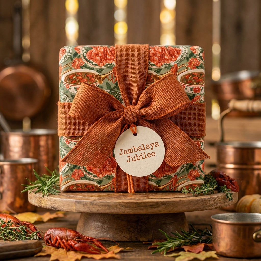 Cajun crawfish food wrapping paper with an orange burlap bow on a rustic gift box, by Wrapped Studios.