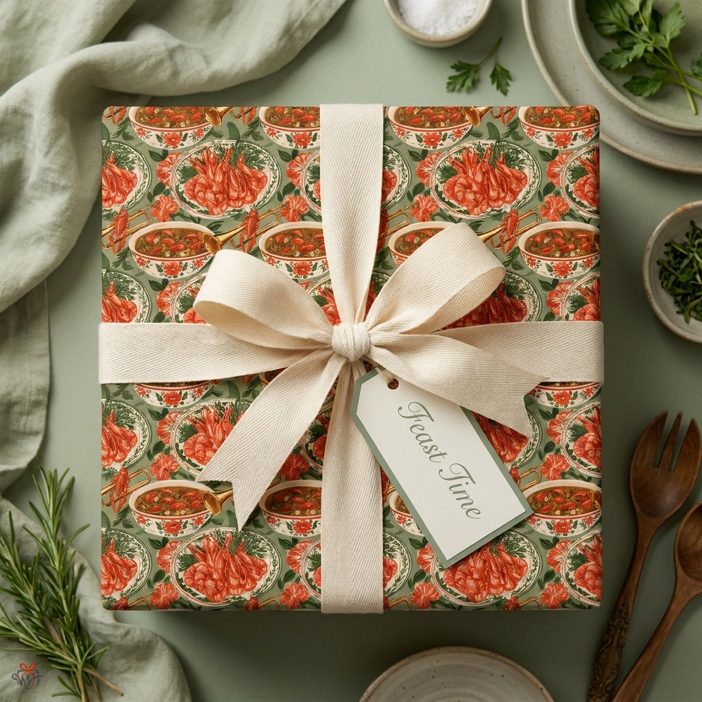 Seafood wrapping paper with a vintage crawfish feast pattern and cream ribbon by Wrapped Studios.