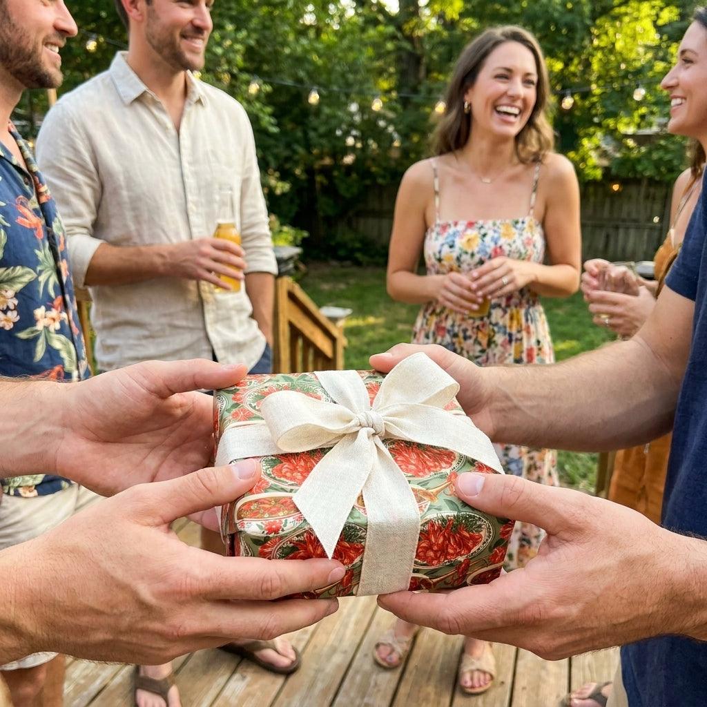 Friends exchanging a gift in vintage wrapping paper with a cream bow. Gift wrap by Wrapped Studios.