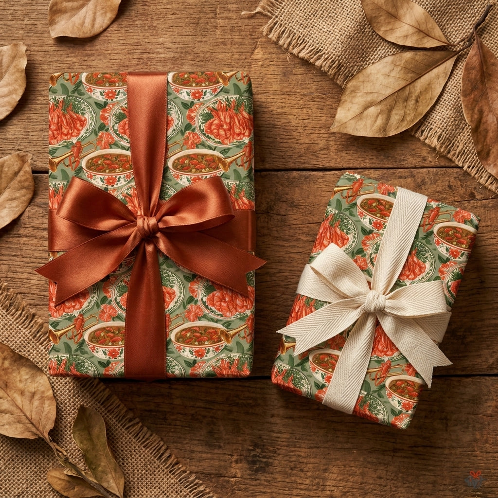 Cajun crawfish boil wrapping paper on rustic gifts with satin ribbons by Wrapped Studios.