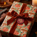 Southern crawfish boil wrapping paper with rust velvet bow and "Dig In!" tag by Wrapped Studios.