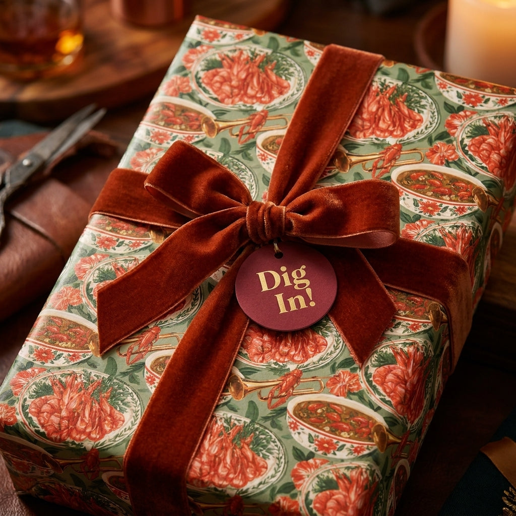 Southern crawfish boil wrapping paper with rust velvet bow and "Dig In!" tag by Wrapped Studios.
