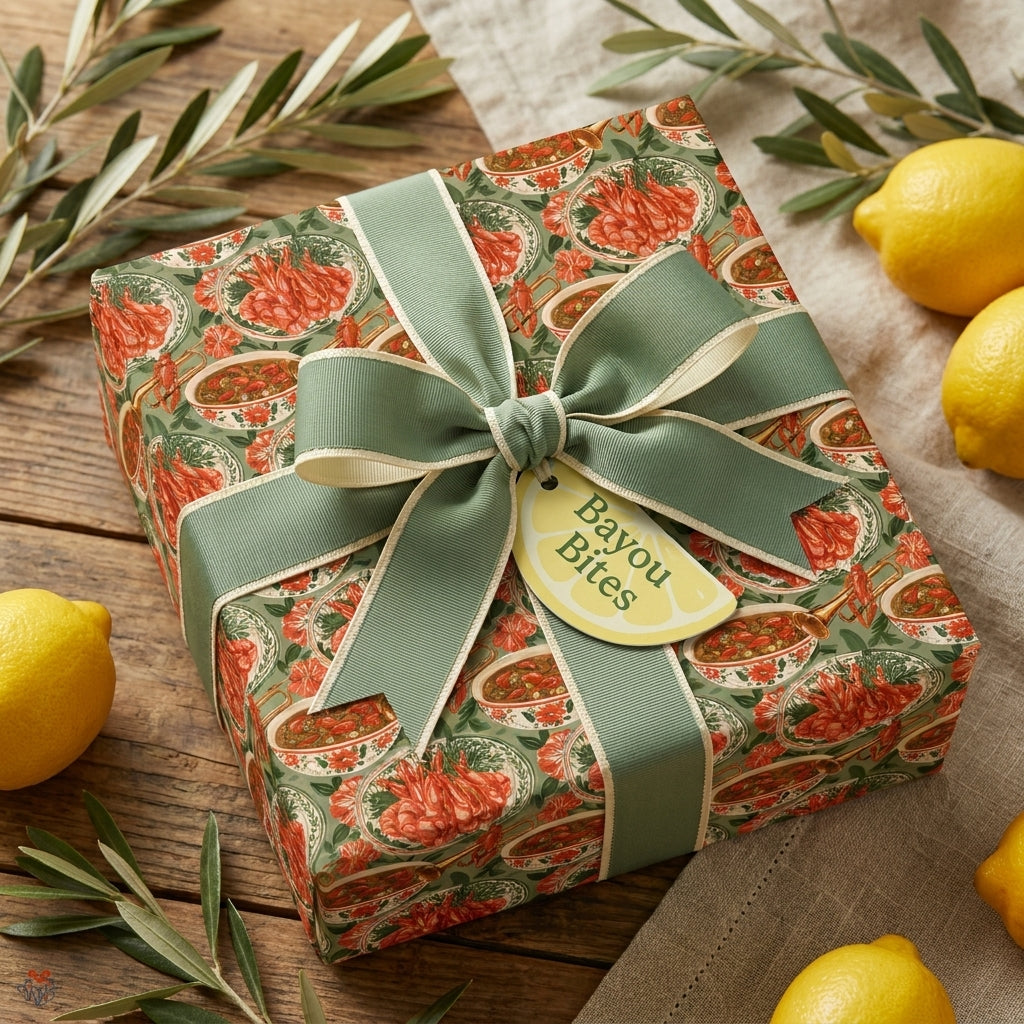 Crawfish boil wrapping paper by Wrapped Studios on a gift box with a sage green bow on a rustic table.