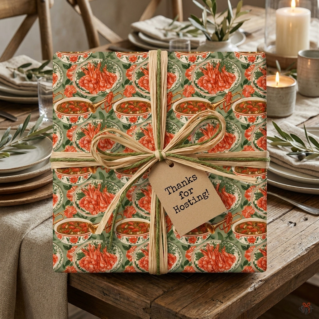 Green seafood wrapping paper with a hostess gift tag and raffia bow on a rustic table by Wrapped Studios.