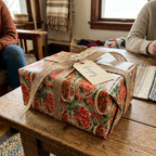 Rustic holiday wrapping paper with a vintage lobster pattern and burlap ribbon by Wrapped Studios.