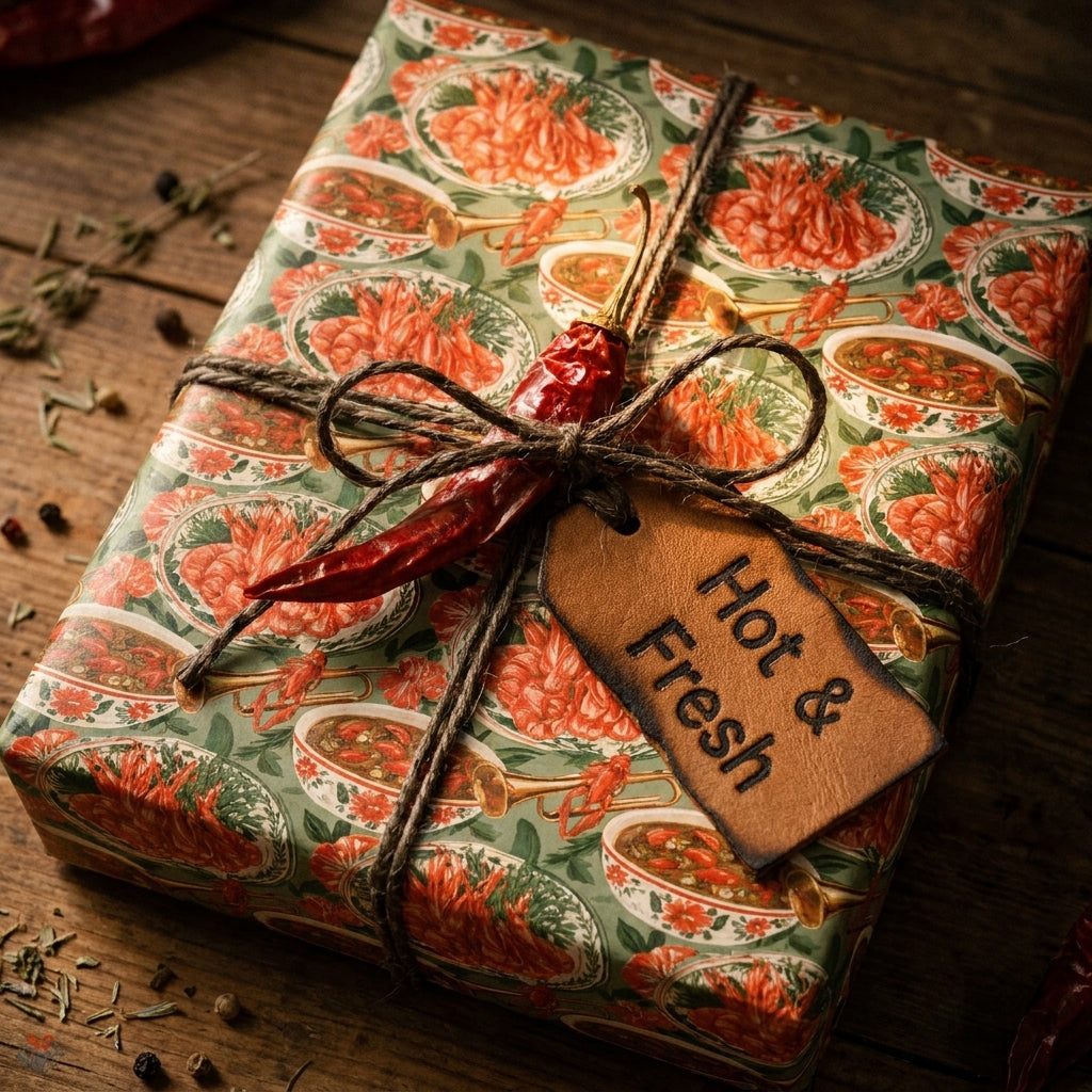 Spicy crawfish foodie wrapping paper with rustic twine and dried chili pepper by Wrapped Studios.