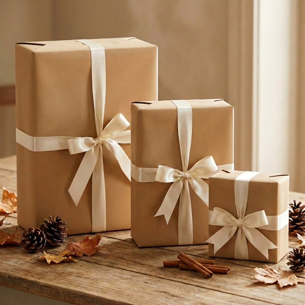 Kraft wrapping paper with ivory ribbon, gift-wrapped boxes on rustic wood table; holiday gifts.