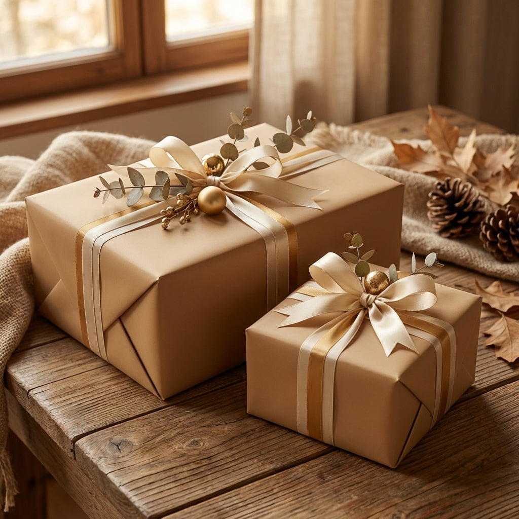 Elegant kraft wrapping paper on gifts with gold ribbons and botanical accents, displayed on rustic wood table.