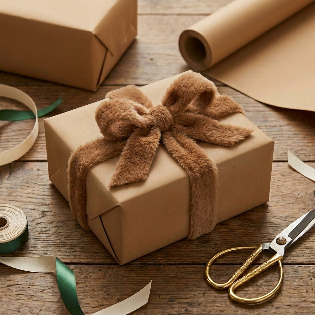Kraft wrapping paper present with fluffy brown ribbon bow on rustic wooden table, plus green and beige ribbon.