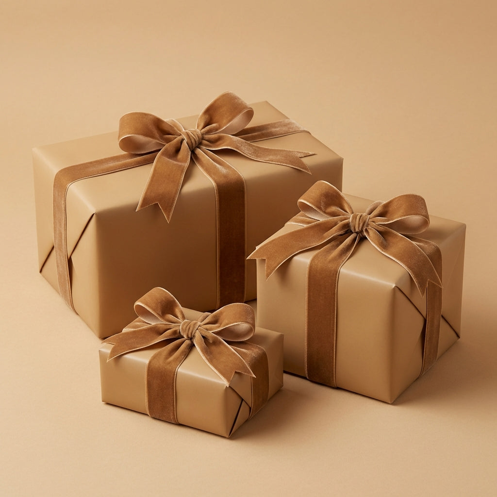 Three tan gift boxes wrapped in plain wrapping paper and velvet ribbon, ideal for birthdays or wedding presents.