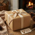 Camel brown wrapping paper on a Christmas gift with a cream ribbon, cozy fireside setting.