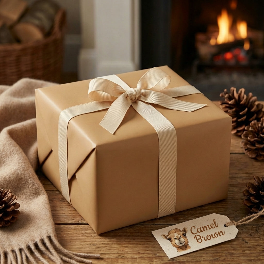 Camel brown wrapping paper on a Christmas gift with a cream ribbon, cozy fireside setting.