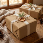 Tan wrapping paper with twine and dried orange on a gift box; Christmas presents with neutral ribbon, rustic holiday decor.
