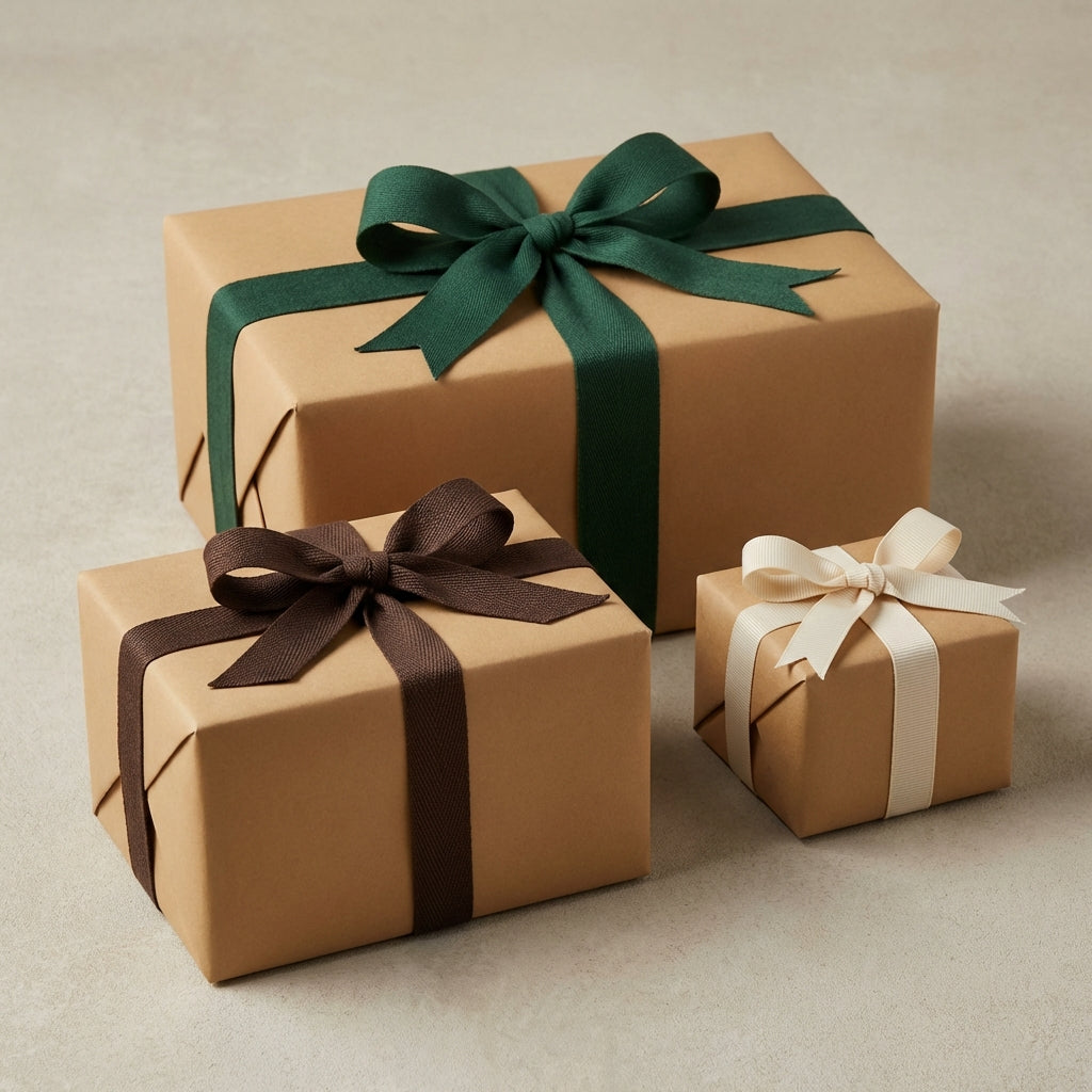 Three kraft paper gift boxes wrapped with green, brown and cream ribbon.