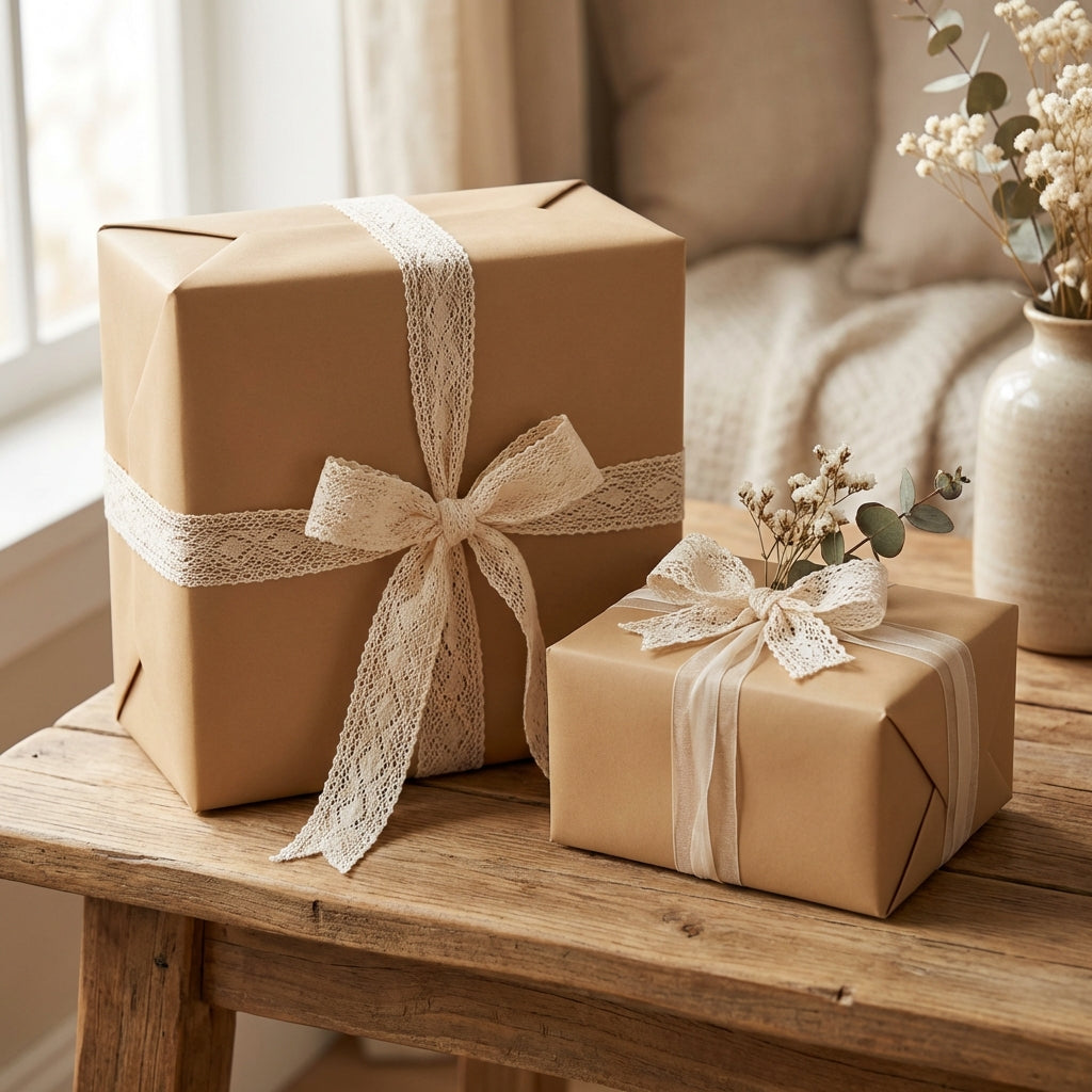 Kraft paper wrapped gifts with lace ribbon on wood table. Rustic chic wrapping paper for birthday or wedding gifts.