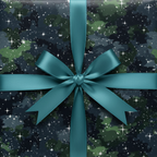 Elegant Christmas gift wrapped in blue starburst paper with teal satin ribbon.