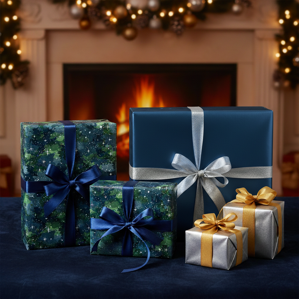 Elegant Christmas gift wrap with starburst pattern and ribbon, set against a cozy fireplace background.