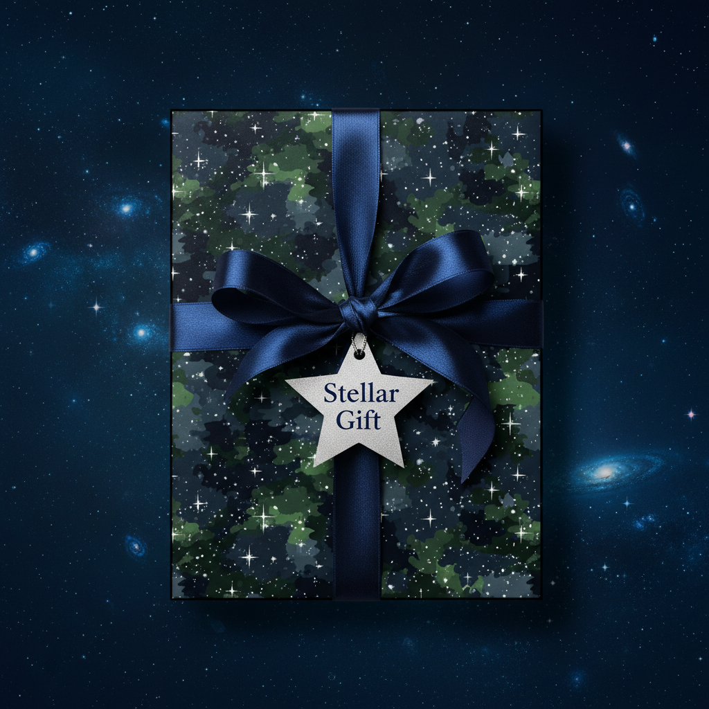 Modern gift box wrapped in navy space-themed wrapping paper with star tag and ribbon.