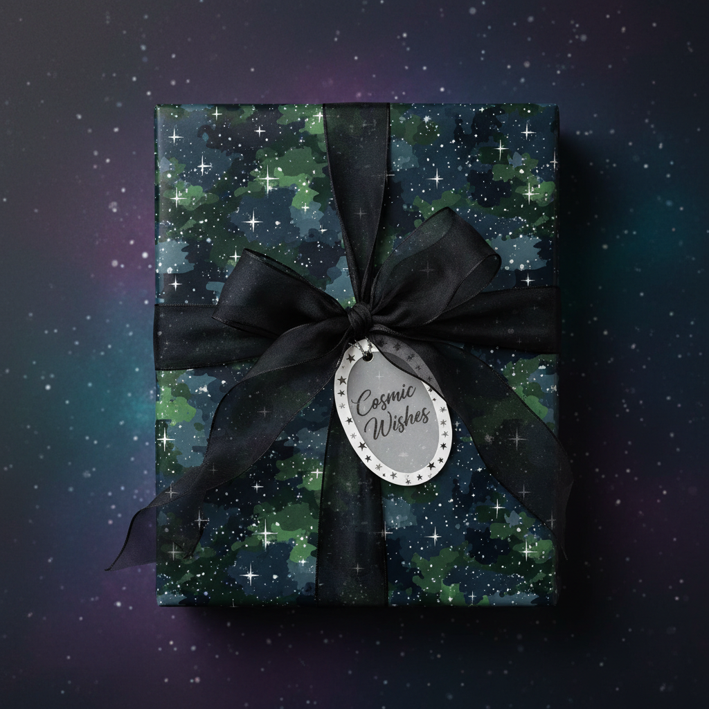 Galaxy gift wrap with black ribbon, "Cosmic Wishes" tag, on a starry background.