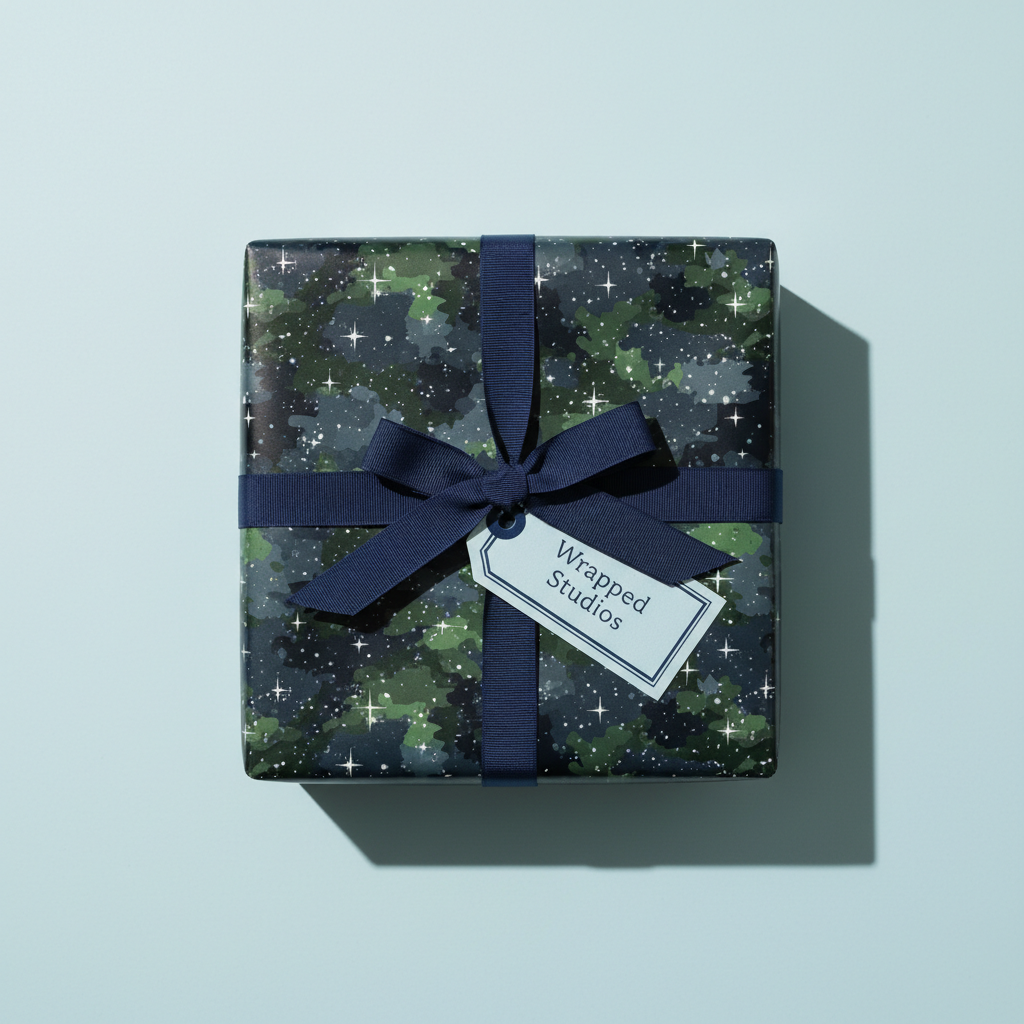 Square gift wrapped in starry camo print paper with navy ribbon and tag.