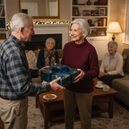 Woman receiving a present wrapped in modern blue starburst gift wrap with ribbon.