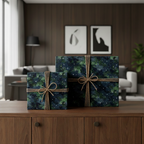 Modern gift boxes wrapped in galaxy-themed wrapping paper and twine bows sit on a wooden dresser.