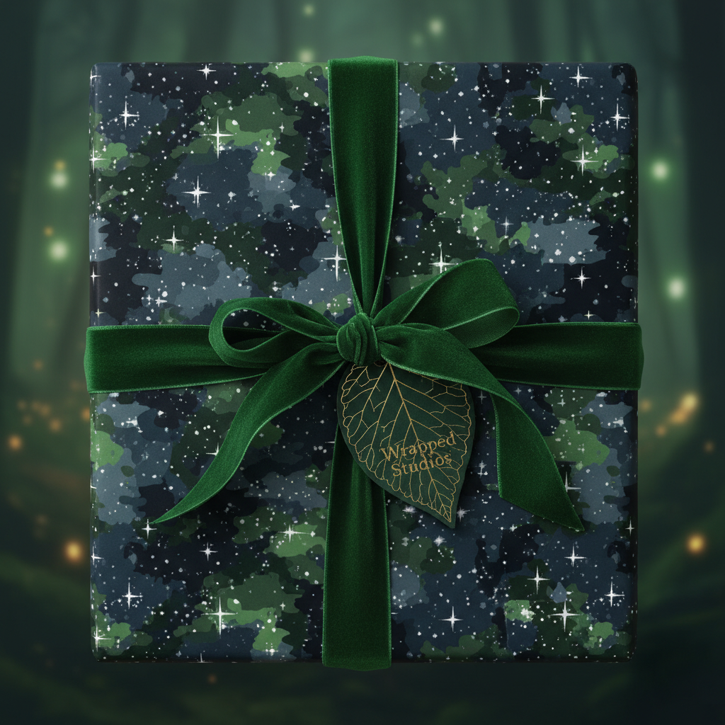 Elegant gift wrapped in dark floral wrapping paper with green velvet ribbon and leaf-shaped tag.
