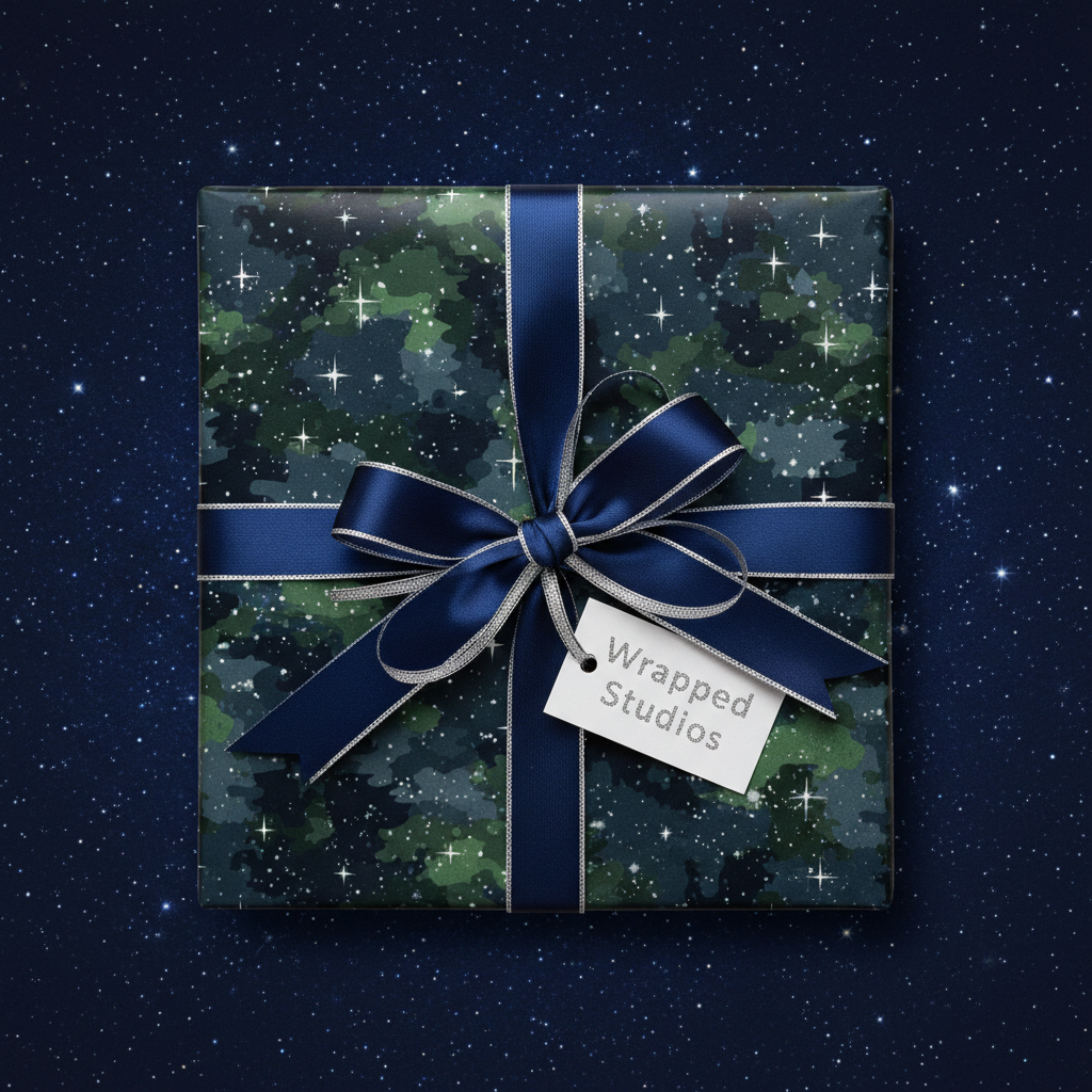 Starry night gift wrapped in modern abstract wrapping paper with navy ribbon, on a blue starfield background.