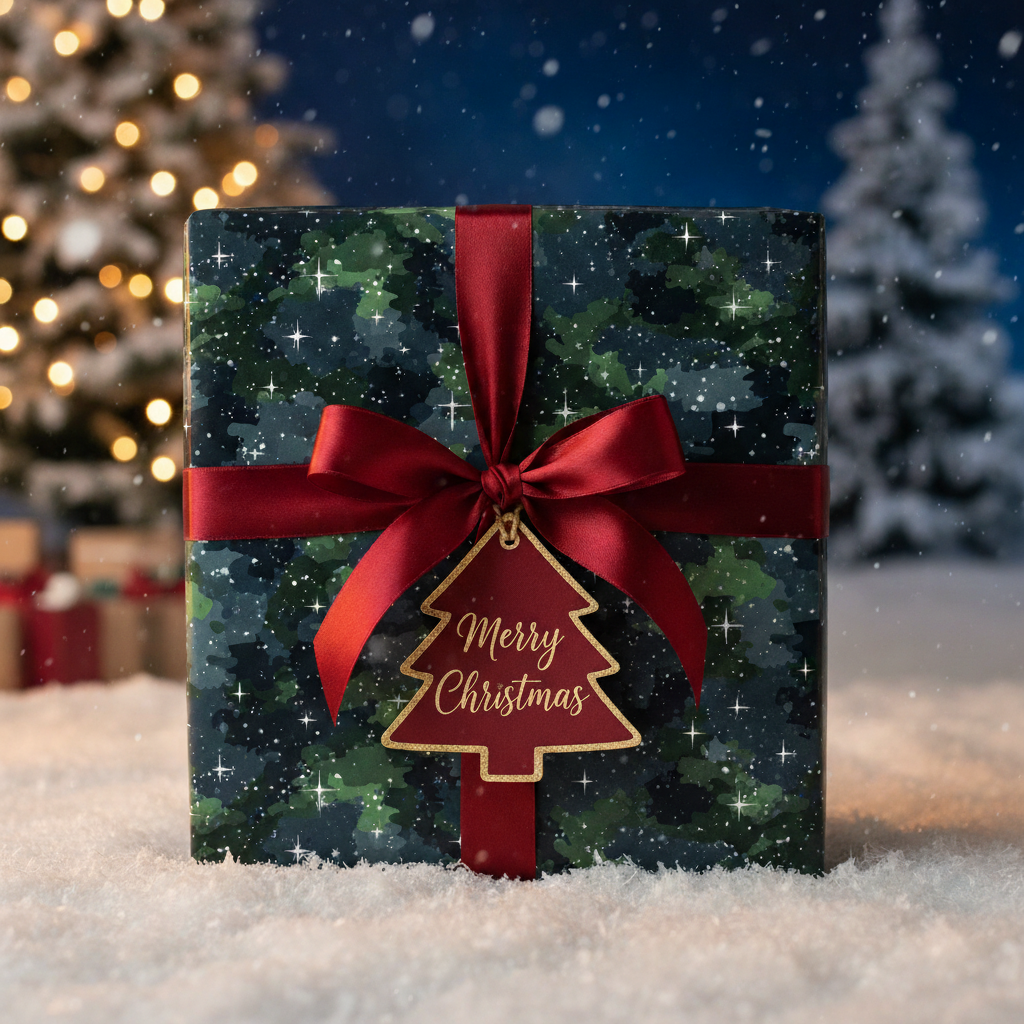 Luxury Christmas gift wrapped in dark green starburst paper, tied with a red satin ribbon and tree-shaped gift tag.