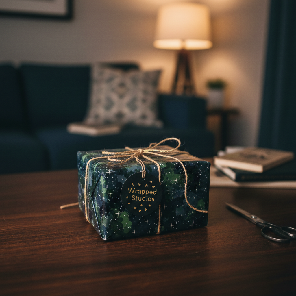 Dark blue gift wrapped with starry night wrapping paper and twine bow on a table.