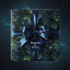 Luxury gift wrapped in star-patterned wrapping paper, tied with shimmering blue ribbon and "Beyond the Stars" tag.