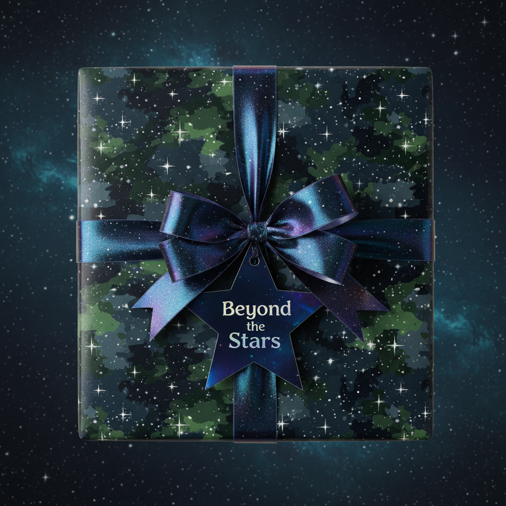 Luxury gift wrapped in star-patterned wrapping paper, tied with shimmering blue ribbon and "Beyond the Stars" tag.