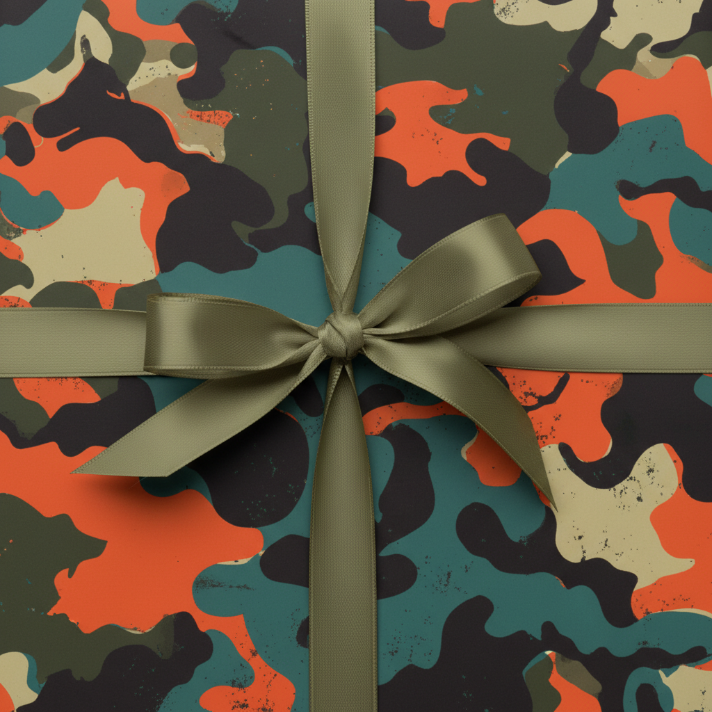 Camouflage wrapping paper with olive green ribbon.
