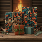 Rustic camouflage wrapping paper on gifts tied with twine on a wood table by a fireplace.