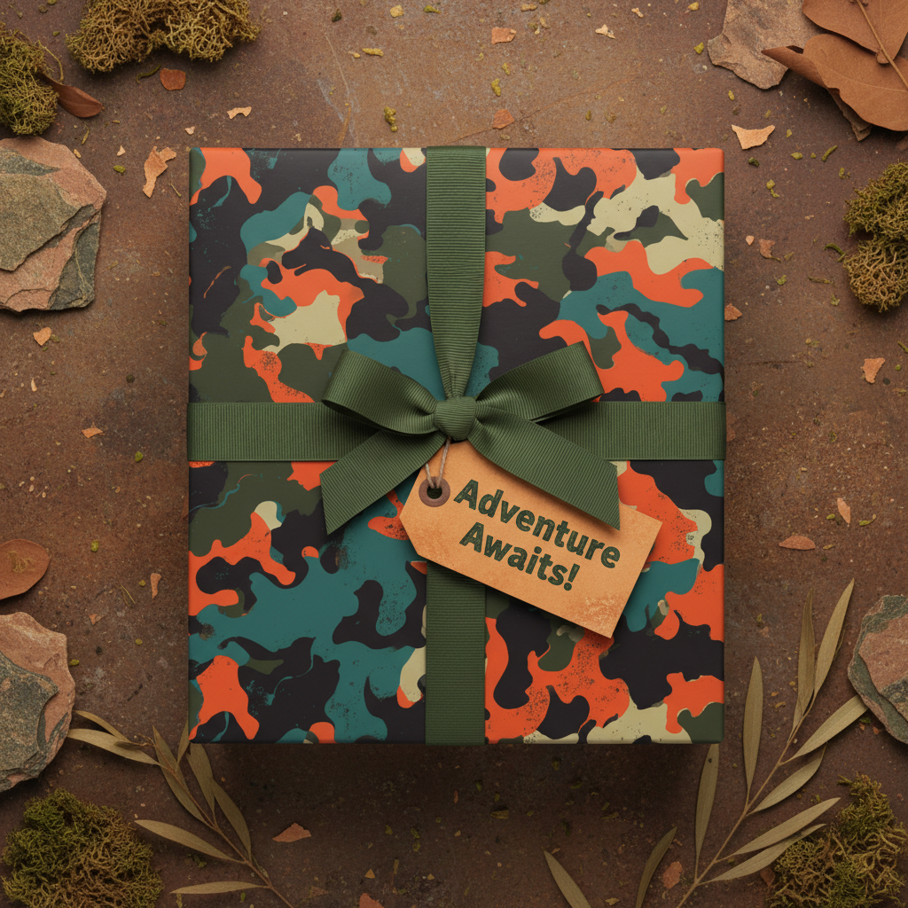"Adventure Awaits!" tag on a gift in camo wrapping paper with a dark green ribbon and natural earthy decor.