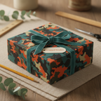 Camouflage wrapping paper with teal velvet ribbon, perfect for him, or a unique birthday gift wrap.