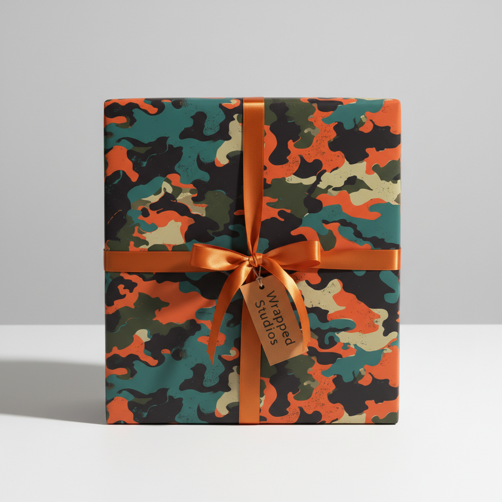 Square gift box in modern camo wrapping paper with an orange satin ribbon and gift tag.