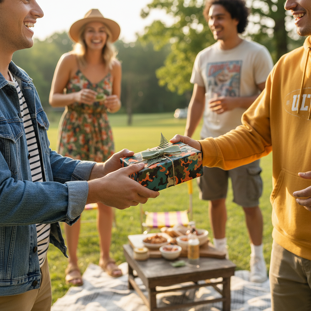 Man exchanging gift wrapped in camo wrapping paper with a green ribbon at an outdoor party.