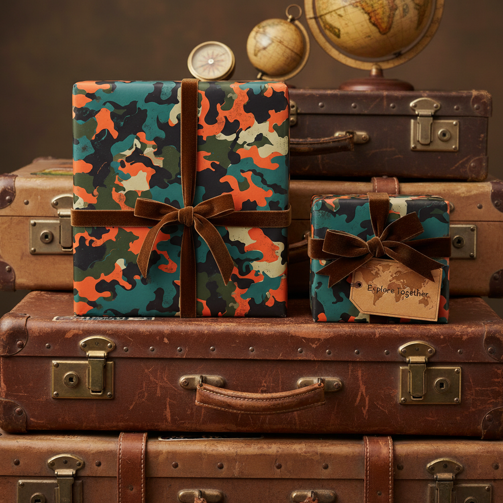 Gifts wrapped in modern camouflage wrapping paper with velvet ribbon, ideal for travel-themed celebrations.